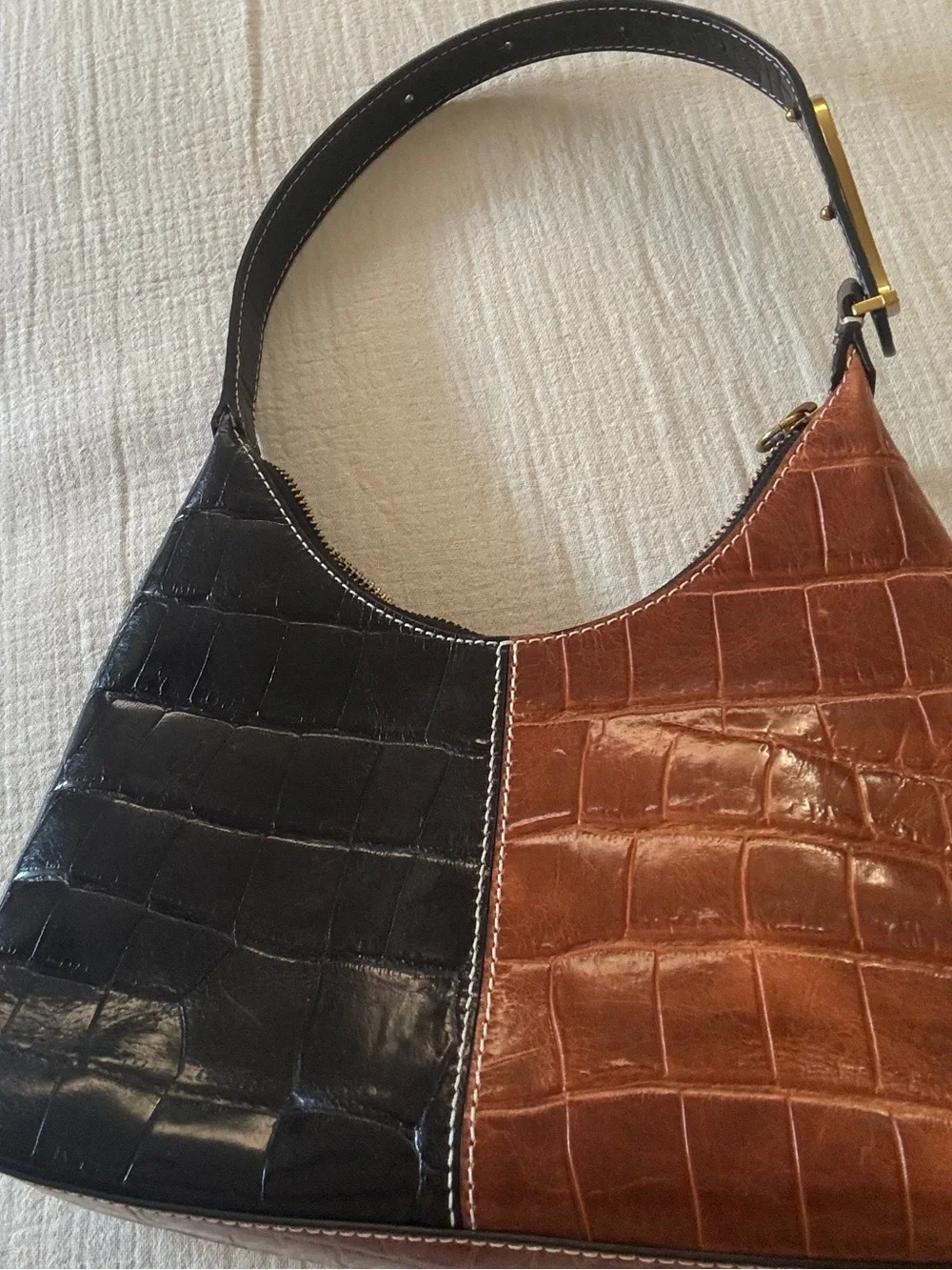 STAUD Black and Brown Croc embossed Scotty Bag